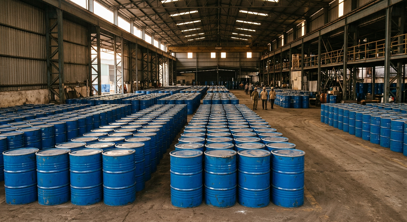 Lubricant barrels stored in an industrial warehouse