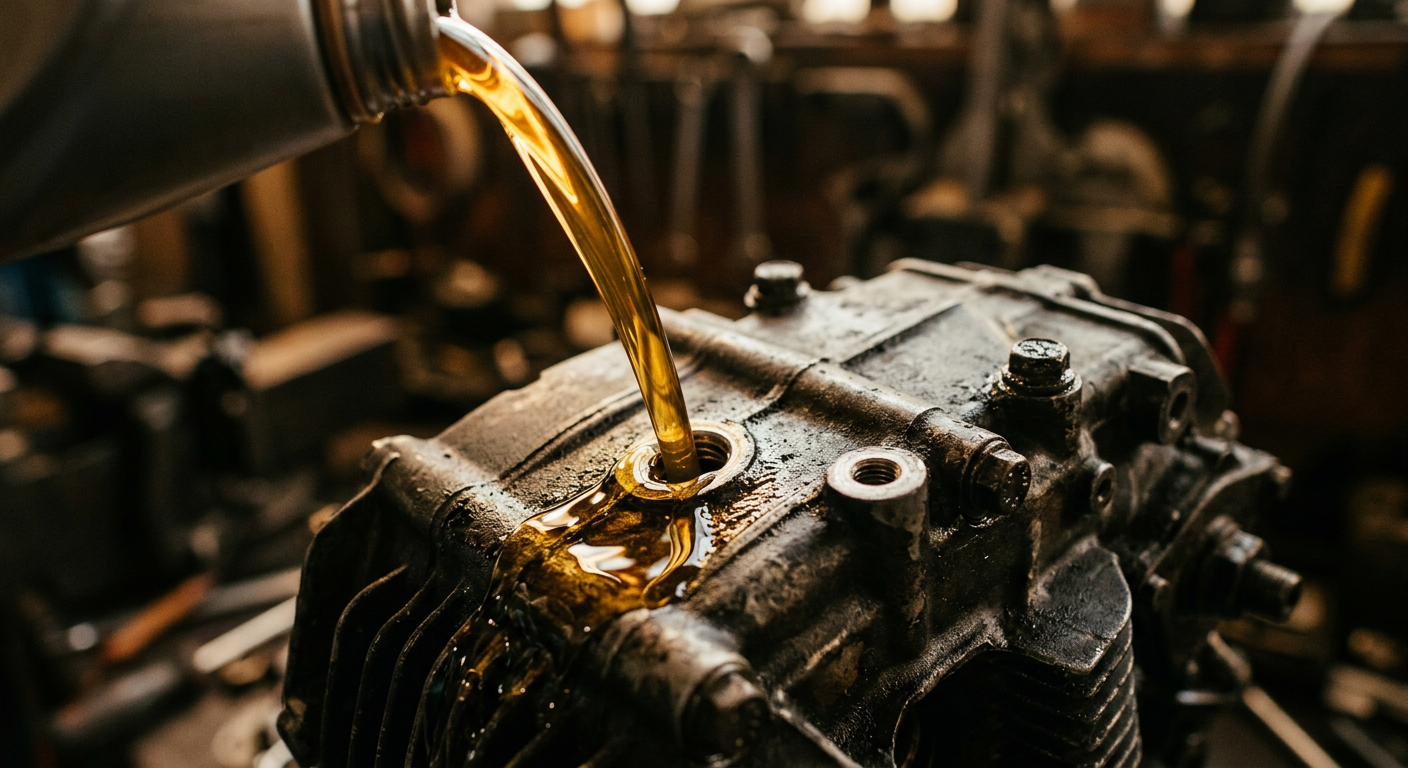 Golden engine oil being poured onto an engine part
